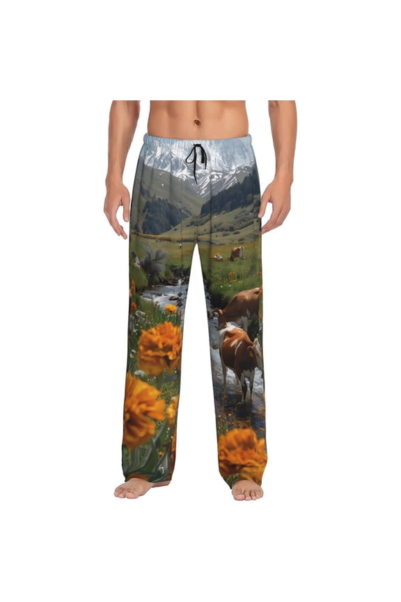 Mountain Cows Flower Stream Mens Pajama Pants Sleep & Lounge Pants, PJ Pants-Large