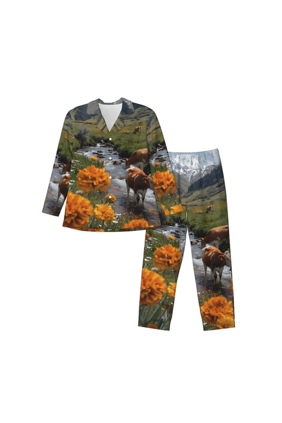 Mountain Cows Flower Stream Mens Pajama Set, Soft Warm Long Sleeve Sleepwear, Cozy Button-Down Pjs for Men-Medium
