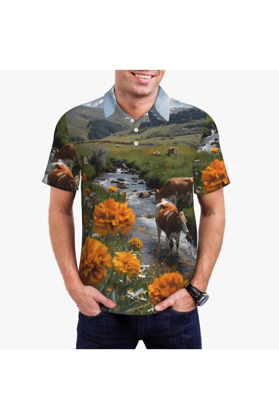 Mountain Cows Flower Stream Polo Shirts for Men, Men's Short Sleeve Stretch Polo Shirt, Shirts for Men-3X-Large
