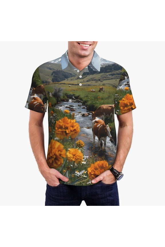 Mountain Cows Flower Stream Polo Shirts for Men, Men's Short Sleeve Stretch Polo Shirt, Shirts for Men-Medium
