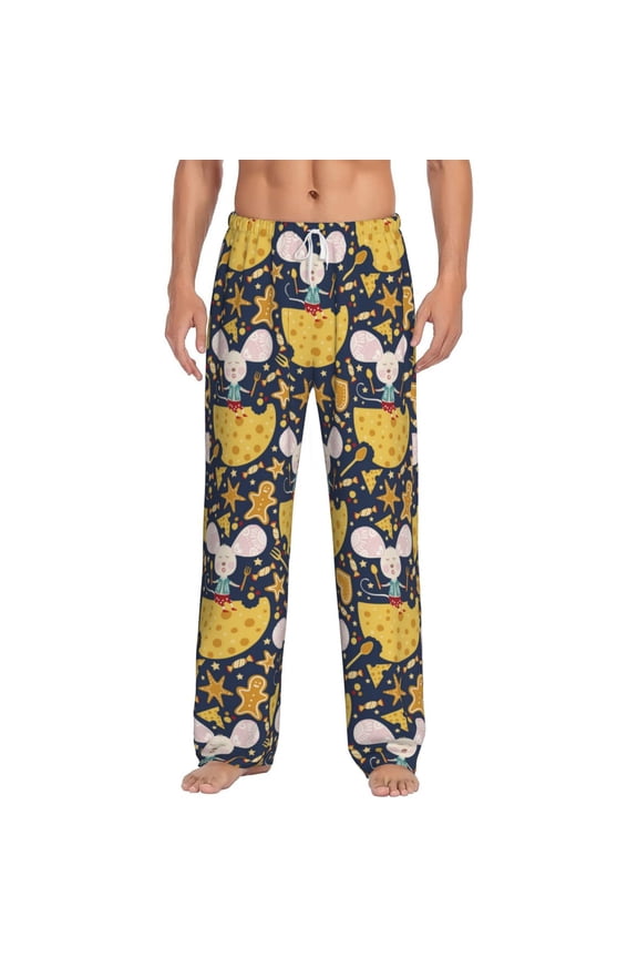 Mouse Cheese Print Mens Pajama Pants Sleep & Lounge Pants, PJ Bottoms With elastic waistb and Pockets