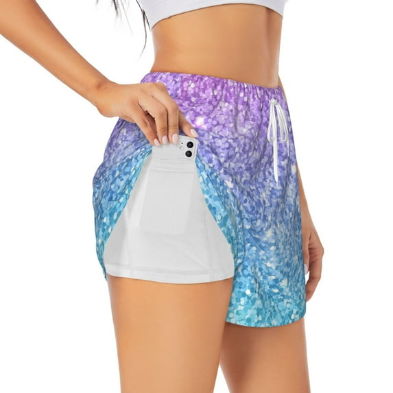 Vsdgher Multicolor Glitter Print Women's Running Double Layer Shorts High Waisted with Pockets Elastic Yoga Workout Athletic Gym Sports