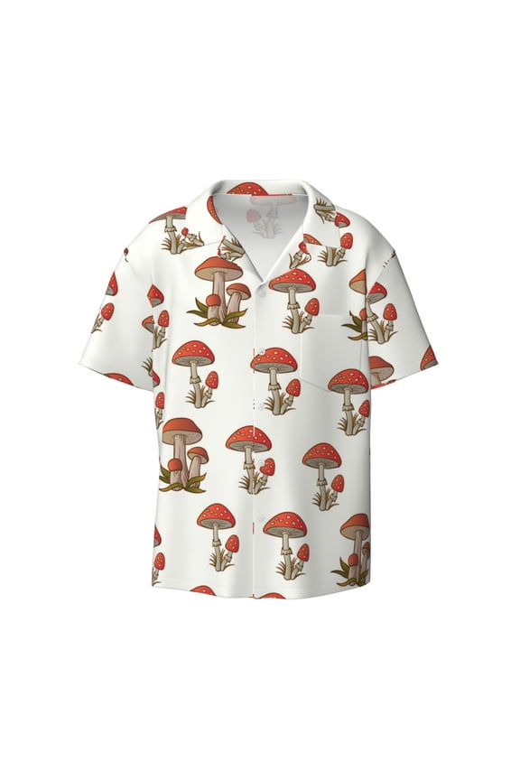 Mushroom Print Men's Wrinkle Free Untucked Cuban Shirt Business Casual Button Down Shirts Short Sleeve Shirt