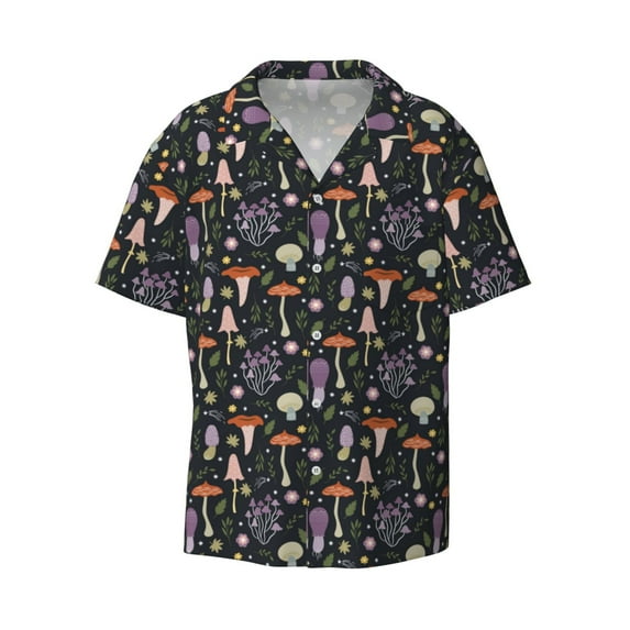 Vsdgher Mushroom Print Men's Wrinkle Free Untucked Cuban Shirt Business Casual Button Down Shirts Short Sleeve Shirt