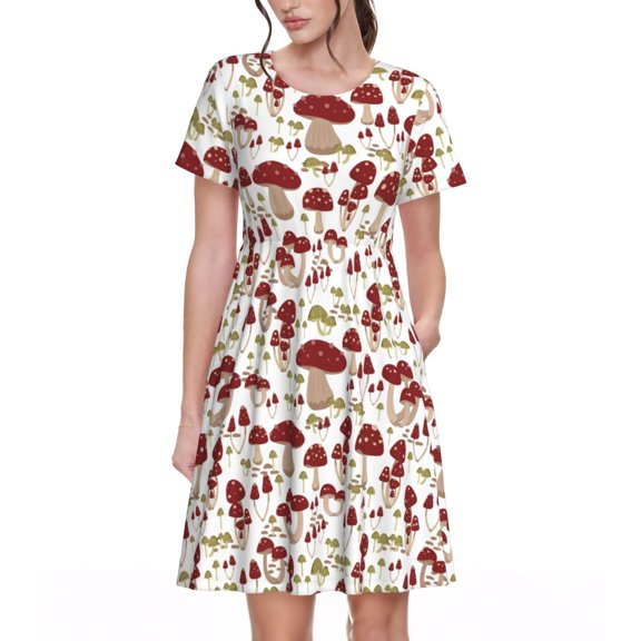 Vsdgher Mushroom for Womens Summer 2025 Casual Midi Maxi Dresses Lightweight Short Sleeve Round Neck Beach Dress -3X-Large