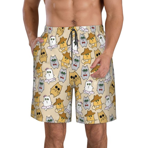 Vsdgher Music Dancing Cat Men's Beach Shorts, Surfing shorts, Swim trunks, Quick Dry Swim Trunks for Surfing Beach Fun -Small