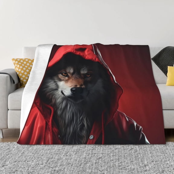 Vsdgher Mysterious Hooded Wolf Pattern Fleece Throw Blanket, Horizontal Fleece Bedding Home Decor for Couch & Bed All Season Use -50"x40"
