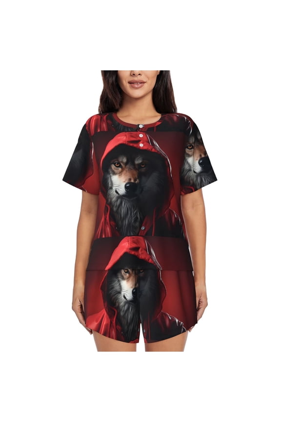 Mysterious Hooded Wolf Pattern Womens Pajamas 2 Piece Short Sleeve Sleepwear Set,Summer Soft Pajamas Set Casual Lounge Sets, 2-Piece Pj -4X-Large