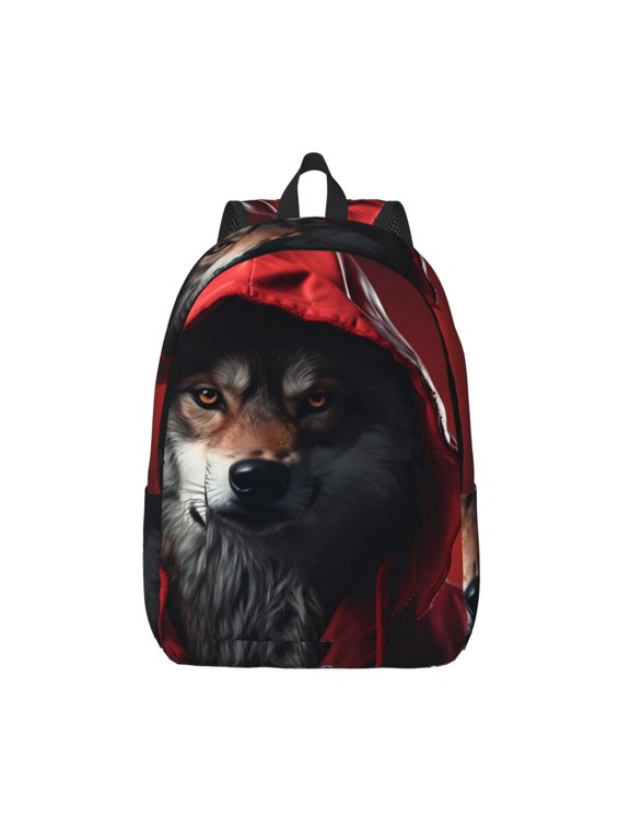 Mysterious Hooded Wolf Print Canvas Backpack Travel Rucksack Unisex Knapsack 15.7/17.7Inch Laptop Backpack for Work,College -Small