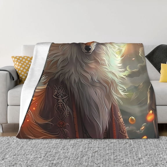 Vsdgher Mystic Fox With Halo Pattern Fleece Throw Blanket, Horizontal Fleece Bedding Home Decor for Couch & Bed All Season Use -80"x60"
