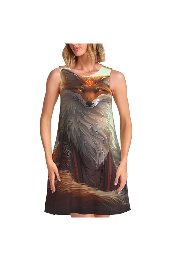 Mystic Fox With Halo Print Summer Dresses for Women Casual U Neck Beach Dress Sleeveless Tank Loose Sundress with Pocket -Medium