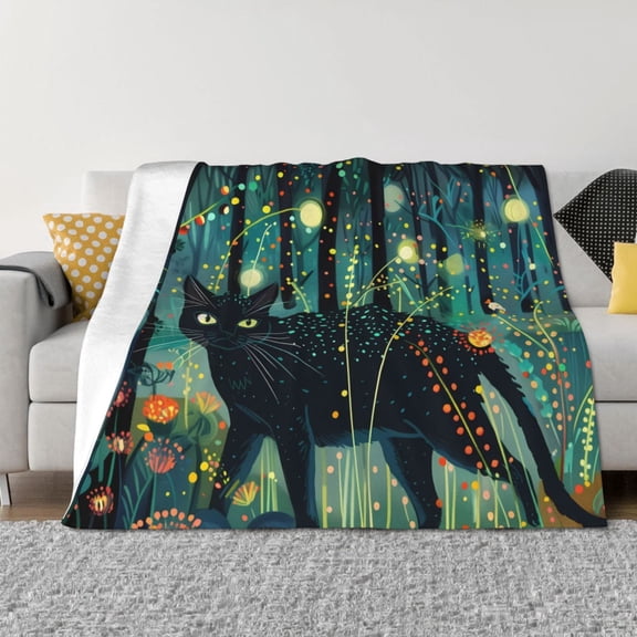 Vsdgher Mystical Black Cat Fireflies Pattern Fleece Throw Blanket, Horizontal Fleece Bedding Home Decor for Couch & Bed All Season Use -40"x30"