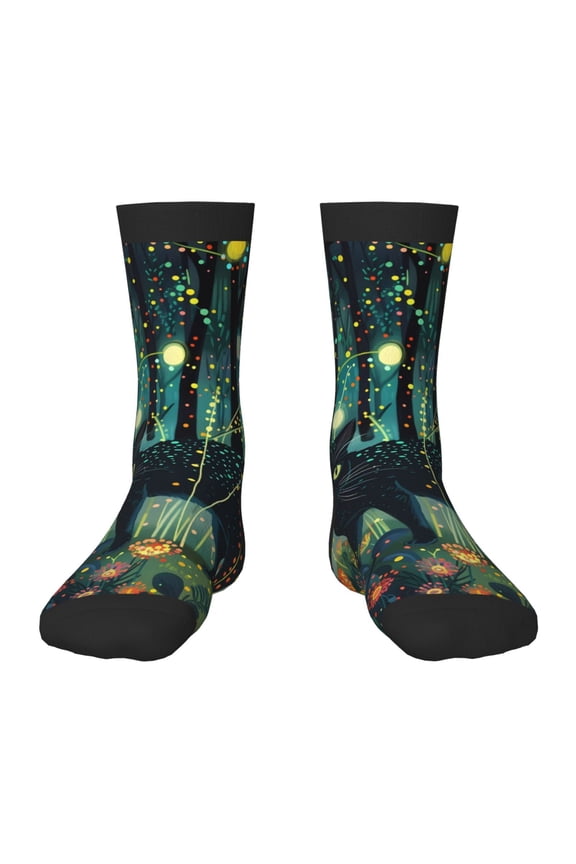 Mystical Black Cat Fireflies Pattern Kids Socks Boys Girl Crew Athletic Half Sport Running Breathable Socks Lightweight Stretch Crew Socks