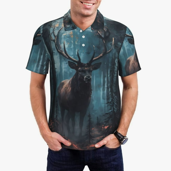 Vsdgher Mystical Forest Elk Polo Shirts for Men, Men's Short Sleeve Stretch Polo Shirt, Shirts for Men-Large