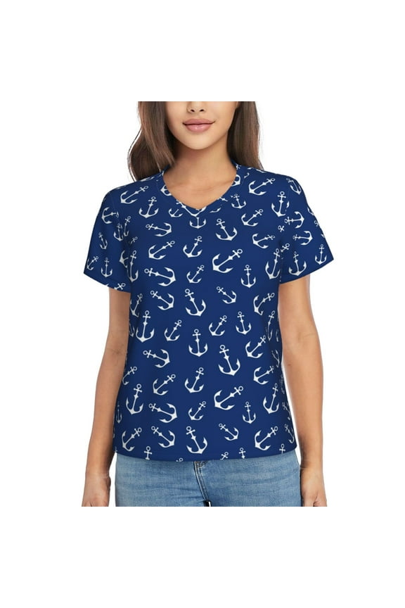 Nautical Anchors Women Shirts V Neck Short Sleeve Tops T-Shirt Basic Tees, S to 3XLX-Large
