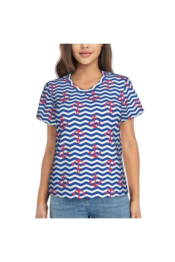 Nautical Anchors Women Shirts V Neck Short Sleeve Tops T-Shirt Basic Tees, S to 3XLXX-Large