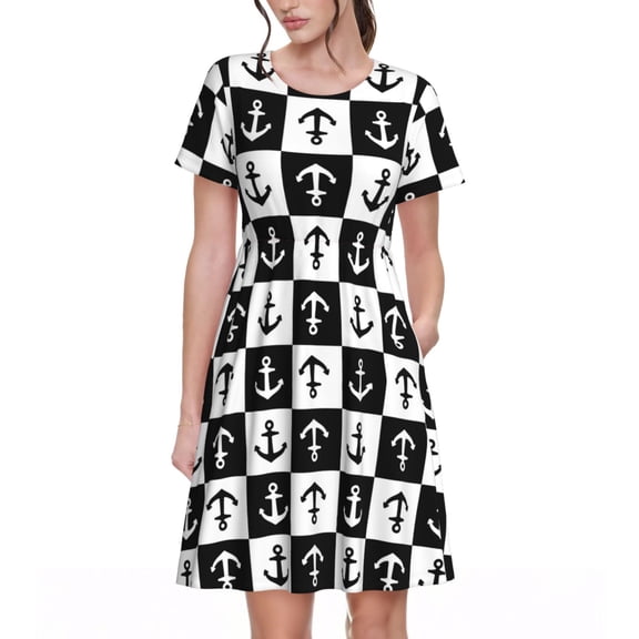 Vsdgher Nautical Anchors1 for Womens Summer 2025 Casual Midi Maxi Dresses Lightweight Short Sleeve Round Neck Beach Dress -Medium
