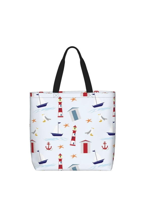 Nautical Lighthouse Sailboat print Tote Bag for Women Shoulder Bag with Zipper Large Shoulder Bag Handle Handbag Portable Washable for Travel, Work