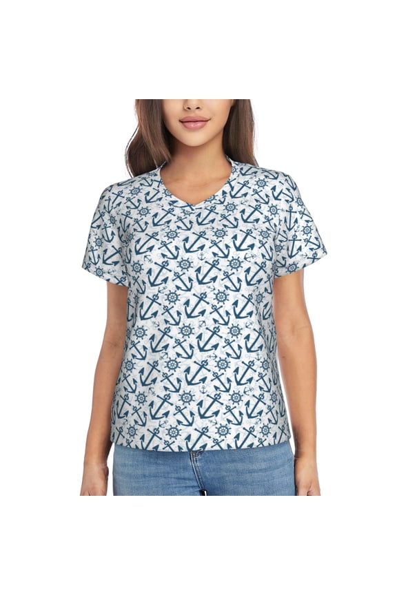 Nautical Theme Anchors Women Shirts V Neck Short Sleeve Tops T-Shirt Basic Tees, S to 3XLSmall