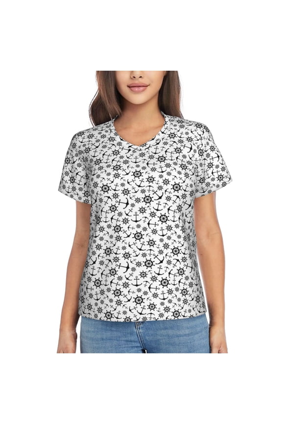 Nautical Themed Simple Anchors Women Shirts V Neck Short Sleeve Tops T-Shirt Basic Tees, S to 3XLLarge