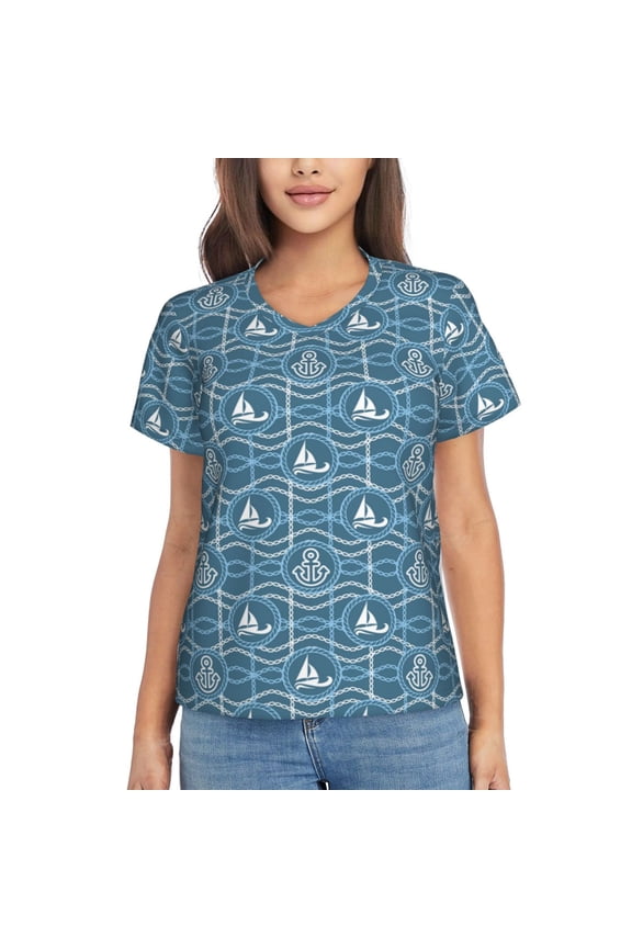 Nautical Women Shirts V Neck Short Sleeve Tops T-Shirt Basic Tees, S to 3XLMedium