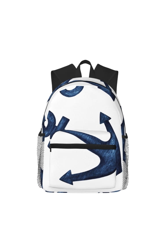 Navy Blue Anchor Print Unisex Large Capacity Bookbag Schoolbag Casual Daypack for High School/College/Teens/Travel/Work