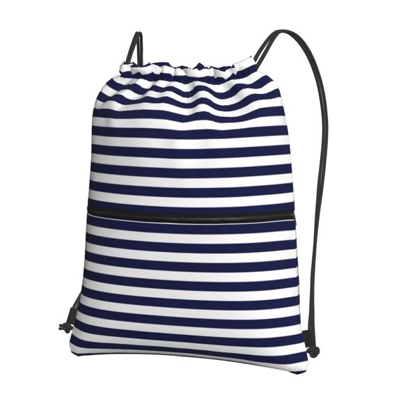 Vsdgher Navy Blue And White Stripes Drawstring Backpack Water Resistant String Bag Sports Sackpack Gym Sack for Men Women