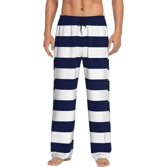 Vsdgher Navy Blue And White Stripes Print Mens Pajama Pants Sleep & Lounge Pants, PJ Bottoms With elastic waistb and Pockets
