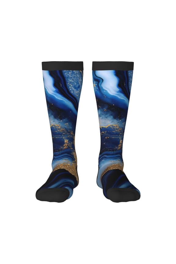 Navy Blue Marble Knee Socks, High Socks Long Stretchy Sock Women Knee High Stocking, Long Socks for Women