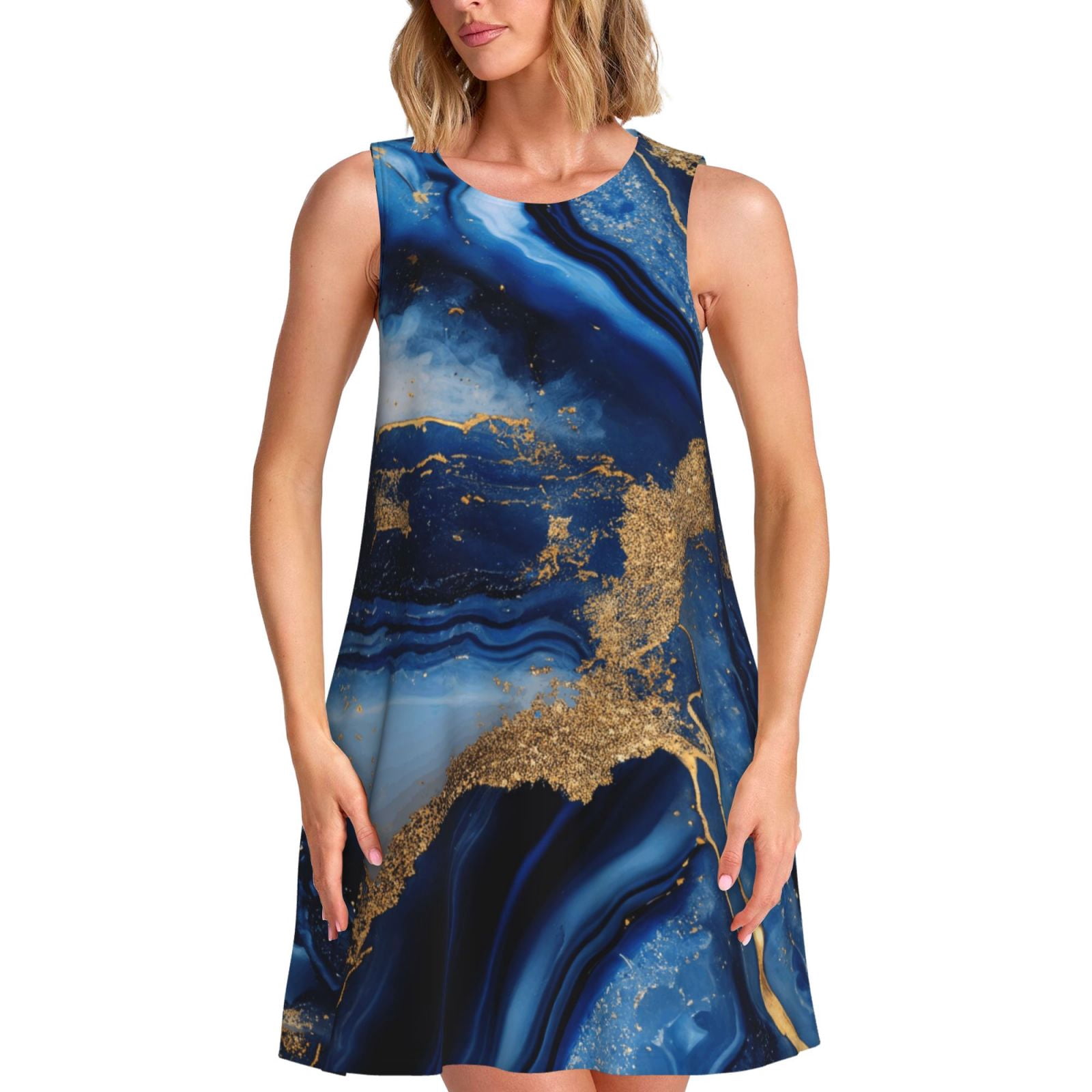 Vsdgher Navy Blue Marble Print Summer Dresses for Women Casual U Neck — free download
