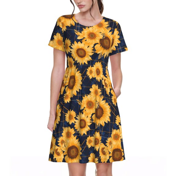 Vsdgher Navy Blue Plaid Sunflower for Womens Summer 2025 Casual Midi Maxi Dresses Lightweight Short Sleeve Round Neck Beach Dress -3X-Large