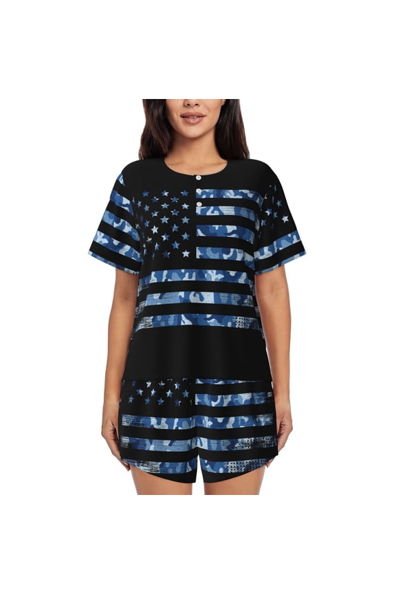 Navy Camouflage American Flag Pattern Womens Pajamas 2 Piece Short Sleeve Sleepwear Set,Summer Soft Pajamas Set Casual Lounge Sets, 2-Piece Pj -4X-Large
