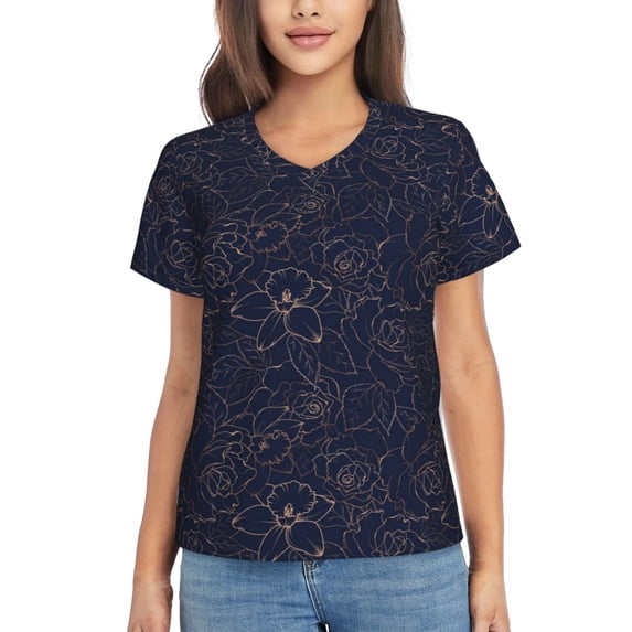 Vsdgher Navy Dark Blue Women Shirts V Neck Short Sleeve Tops T-Shirt Basic Tees, S to 3XLX-Large