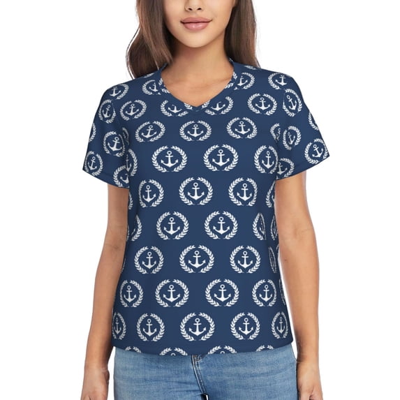 Vsdgher Navy Nautical Women Shirts V Neck Short Sleeve Tops T-Shirt Basic Tees, S to 3XLSmall