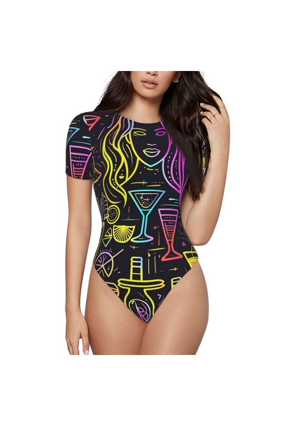 Neon Bar Drinks Prinr Short Sleeve Body suit for Womens, Sexy Onesie One Piece Round Neck Bodysuit Shapewear Tummy Control-Large