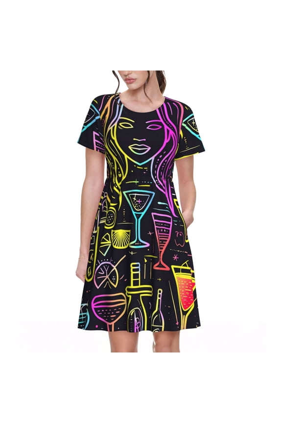 Neon Bar Drinks for Womens Summer 2025 Casual Midi Maxi Dresses Lightweight Short Sleeve Round Neck Beach Dress -Medium
