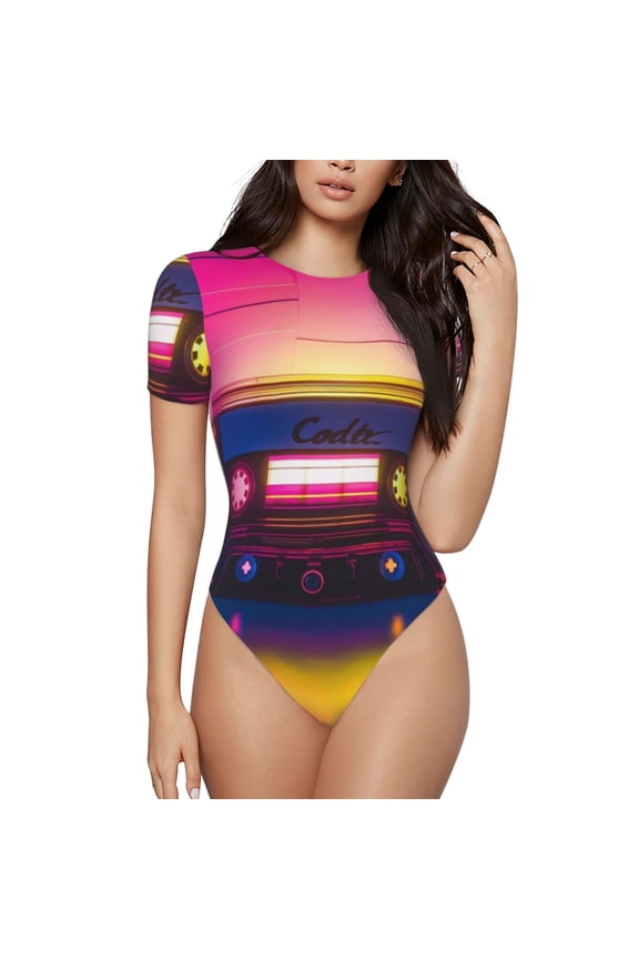 Neon Cassette Tape Prinr Short Sleeve Body suit for Womens, Sexy Onesie One Piece Round Neck Bodysuit Shapewear Tummy Control-Small