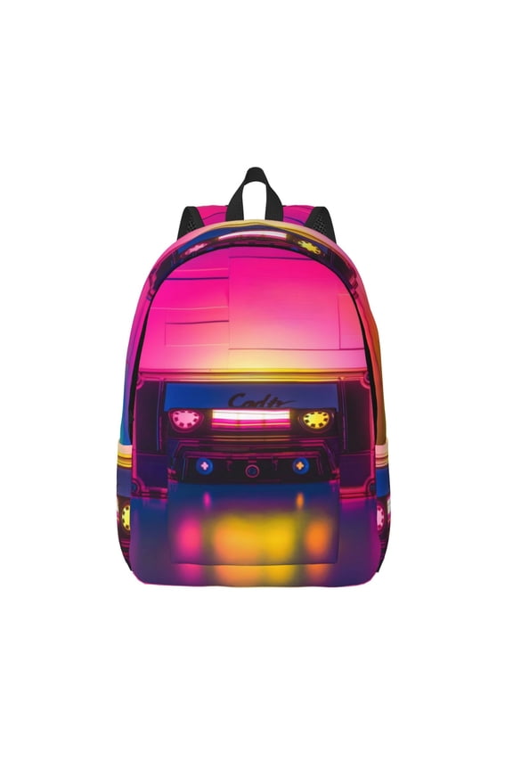 Neon Cassette Tape Print Canvas Backpack Travel Rucksack Unisex Knapsack 15.7/17.7Inch Laptop Backpack for Work,College -Medium