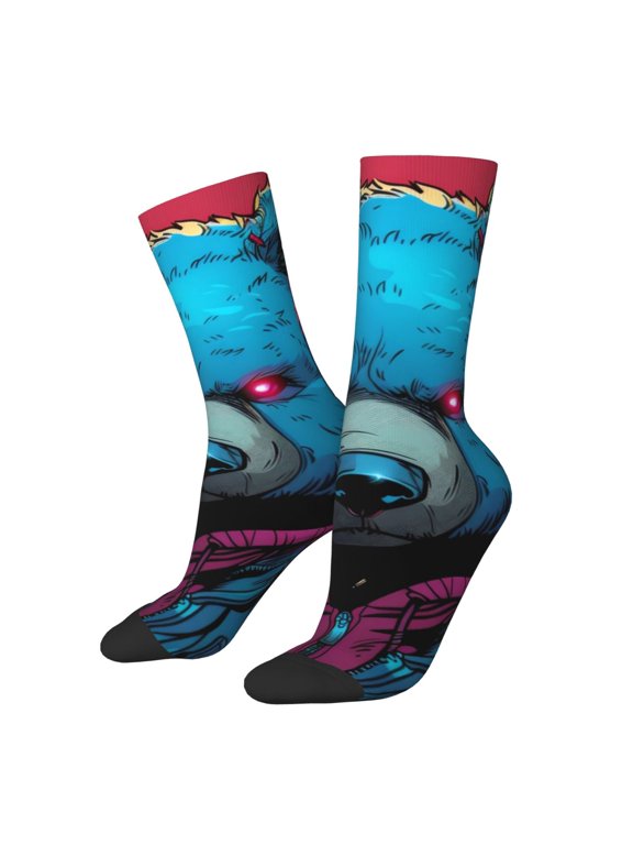 Neon Cyberpunk Blue Bear Crew Socks for Men & Women, Breathable Casual Athletic Ankle Socks
