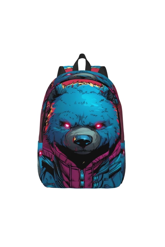 Neon Cyberpunk Blue Bear Print Canvas Backpack Travel Rucksack Unisex Knapsack 15.7/17.7Inch Laptop Backpack for Work,College -Medium