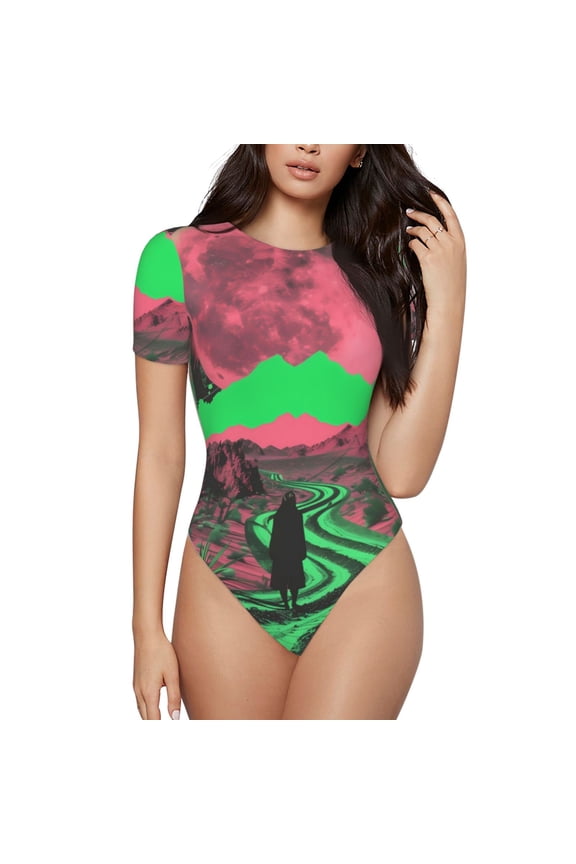 Neon Desert Moon Prinr Short Sleeve Body suit for Womens, Sexy Onesie One Piece Round Neck Bodysuit Shapewear Tummy Control-Small
