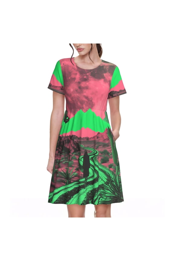 Neon Desert Moon for Womens Summer 2025 Casual Midi Maxi Dresses Lightweight Short Sleeve Round Neck Beach Dress -3X-Large