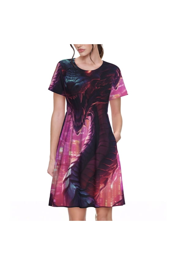 Neon Futuristic Dragon for Womens Summer 2025 Casual Midi Maxi Dresses Lightweight Short Sleeve Round Neck Beach Dress -XX-Large