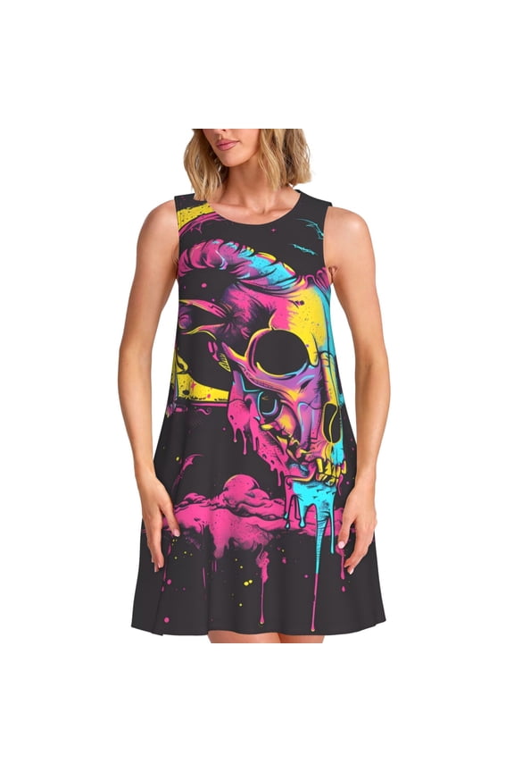 Neon Gothic Skull Moon Print Summer Dresses for Women Casual U Neck Beach Dress Sleeveless Tank Loose Sundress with Pocket -Small