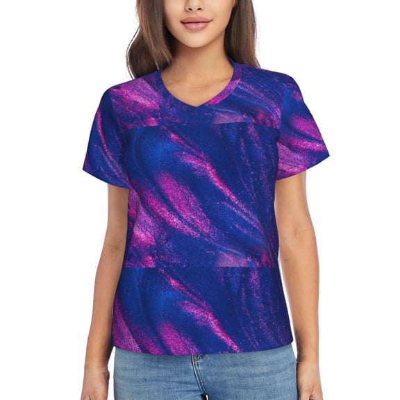 Vsdgher Neon Gradient Blue Women Shirts V Neck Short Sleeve Tops T-Shirt Basic Tees, S to 3XLSmall