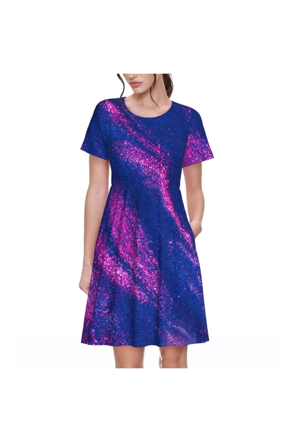 Neon Gradient Blue for Womens Summer 2025 Casual Midi Maxi Dresses Lightweight Short Sleeve Round Neck Beach Dress -Medium