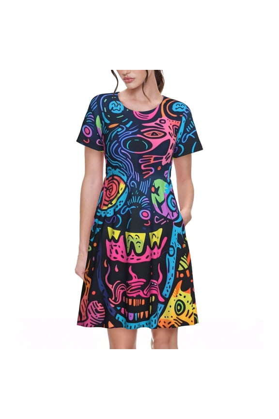 Neon Graffiti Urban Art for Womens Summer 2025 Casual Midi Maxi Dresses Lightweight Short Sleeve Round Neck Beach Dress -Large
