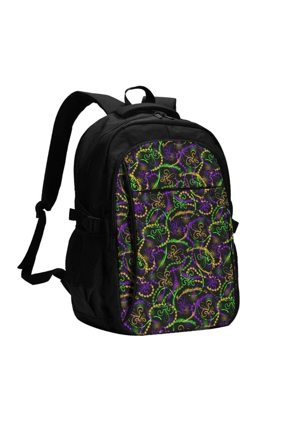 Neon Mardi Gras Print Travel Laptop Backpack, Laptops Backpack with USB Charging Port, Water Resistant Computer Bag Gift for Men & Women