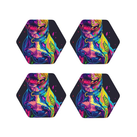 Vsdgher Neon Pop Art Pitbull Leather Coasters for Drinks, Durable Drink Coasters 4 Set for Tabletop Protection, Luxurious Home Décor and Housewarming Gift-Hexagon