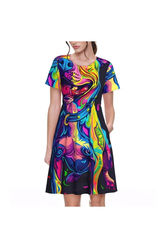 Neon Pop Art Pitbull for Womens Summer 2025 Casual Midi Maxi Dresses Lightweight Short Sleeve Round Neck Beach Dress -Medium